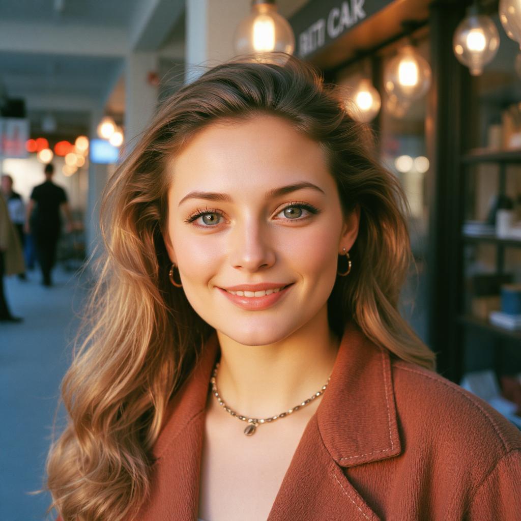 A portrait photo of a young woman with brown hair and green eyes, wearing trendy jewelry and a rust coloured jacket.  She looks and smiles at the camera, and stands in front of a busy cafe.